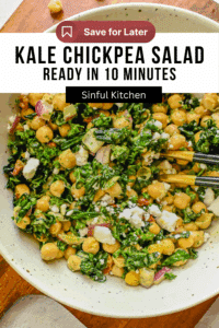 Pinterest pin for the kale chickpea salad (the salad is in a large bowl).