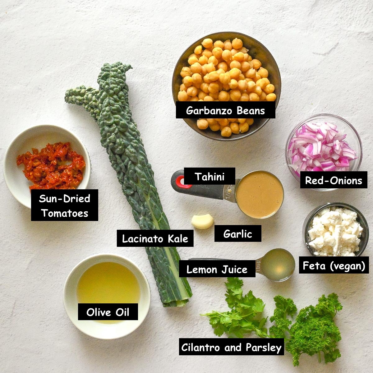 Ingredients used in making the recipe: garbanzo beans, kale, sun-dried tomatoes, feta tahini, lemon juice, red onions, cilantro and parsley.