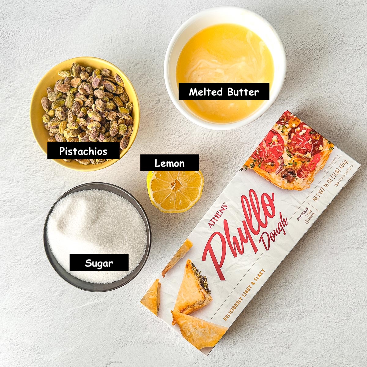 Ingredients used in making pistachio baklava.