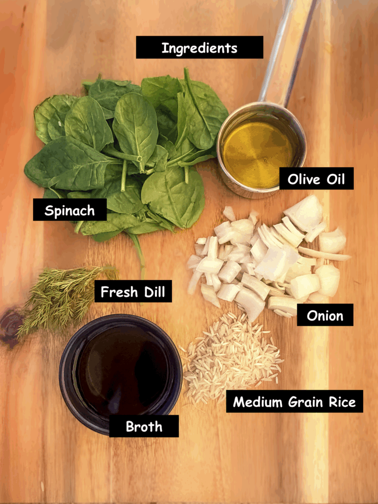 Ingredients used in making Greek spinach rice. (Spinach, olive oil, onion, dill, lemon, and broth.)