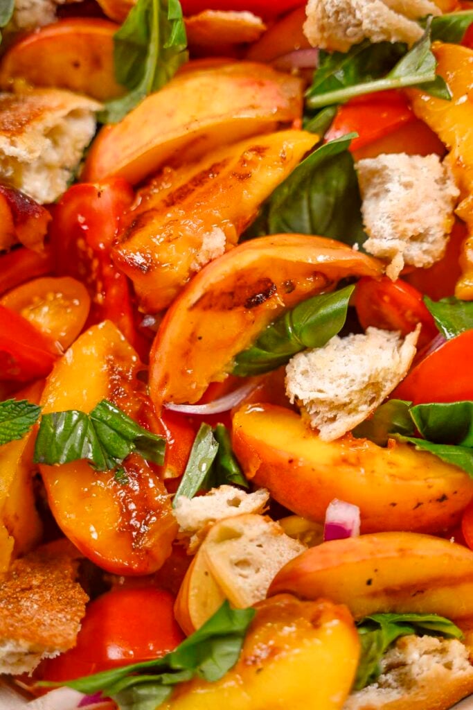 An up-close picture of a grilled peach panzanella salad.