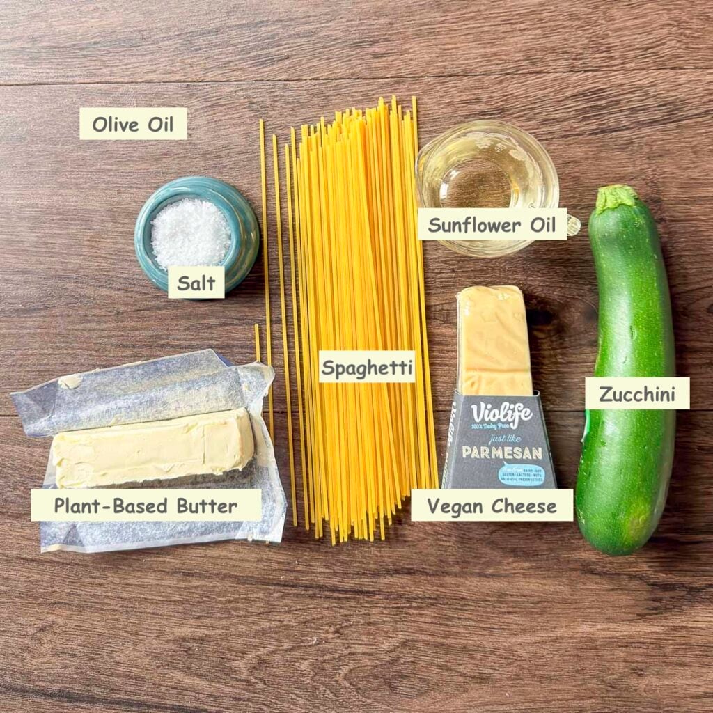 Ingredients used in making Spaghetti alla Nerano (spaghetti, zucchini, vegan cheese, plant-based butter, sunflower oil, olive oil, salt).