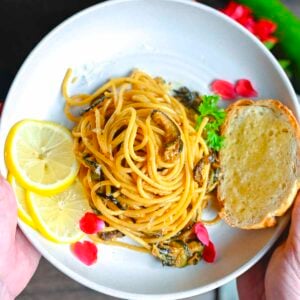 Overhead picture of Pasta alla Nerano on a plate being held by two hands.